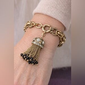 ✨⚫️💎Olivia Welles Cleo Tassel Gold Plate Charm Bracelet/Black Bead & Rhinestone